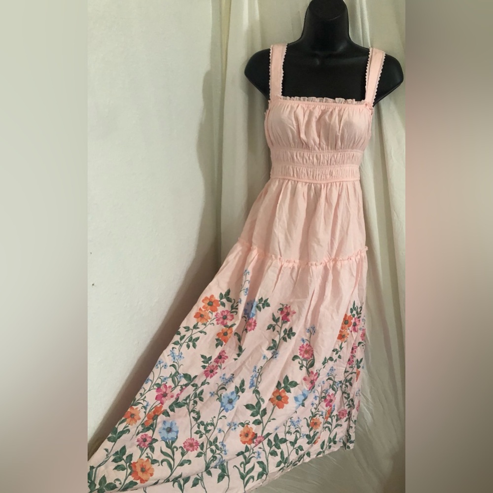 Trixxi pink floral hem smocked bodice bow strap garden dress size medium‎  new